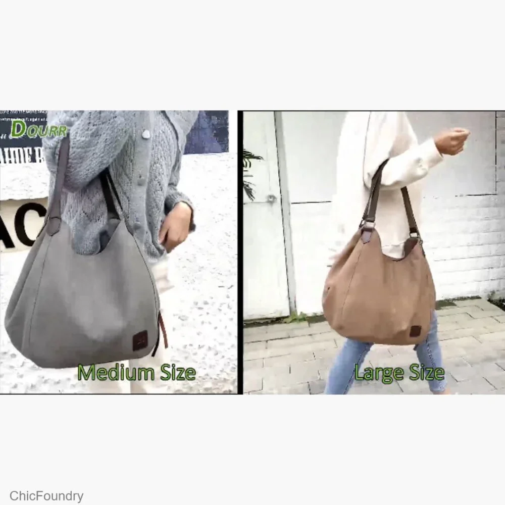 Multi-Pocket Canvas Shoulder Bag Tote Purse with Magnetic Snap Closure